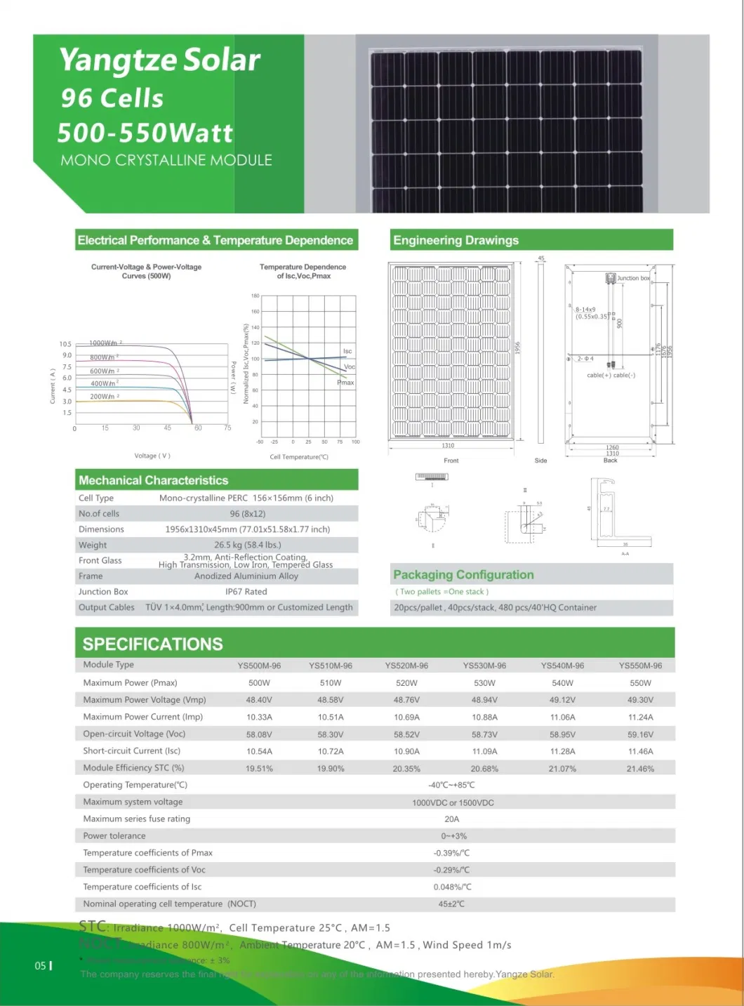 Yangtze 25years Warranty Mono 550W PV Solar Cell Panel Price